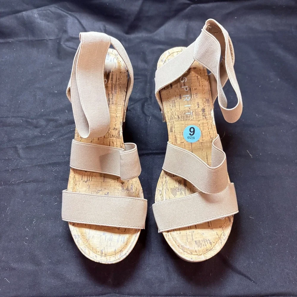 Esprit Beige Elastic Strap Cork Wedge Sandals Studded Boho Platform Heels Size 9